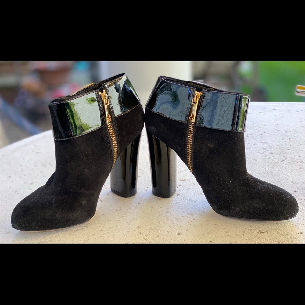 TORY BURCH Black Suede and Patent Leather Buckle Booties EUC - Picture 2 of 13